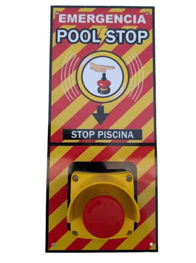 Detalles técnicos de la botonera de emergencia de pared IP66 PoolStop para piscinas.