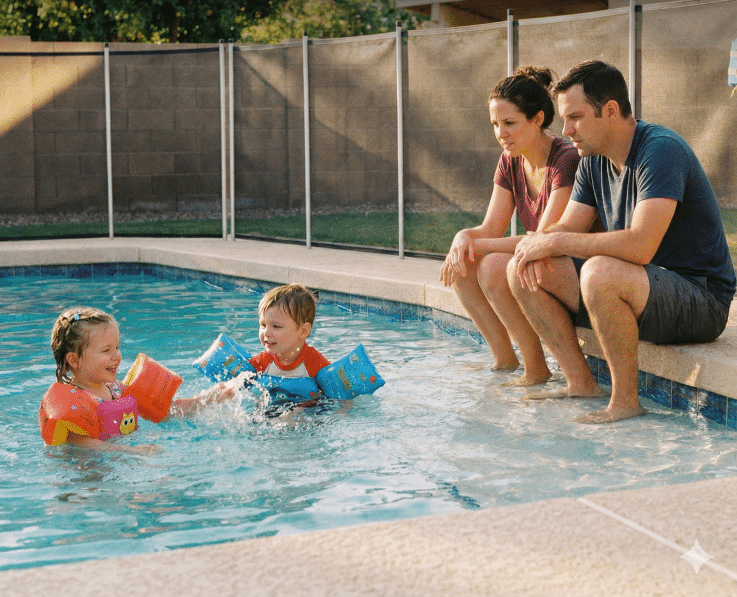 Familia vigilando a sus hijos en la piscina