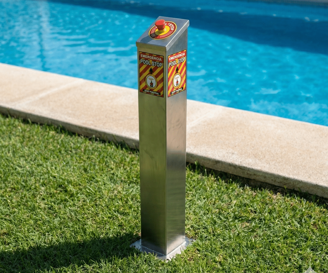 Botón de parada de emergencia PoolStop modelo pedestal en acero inoxidable 316, pulsador a 24V instalado a 2 metros del agua en zona de seguridad Volumen 2 de la piscina