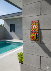 Actuador de emergencia mural PoolStop fijado en pared de piscina privada