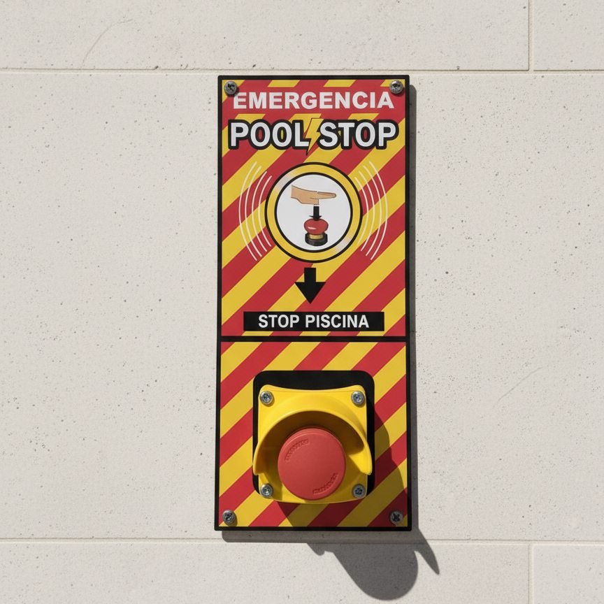 Botón de parada de emergencia mural cableado IP65 para piscinas en reforma.