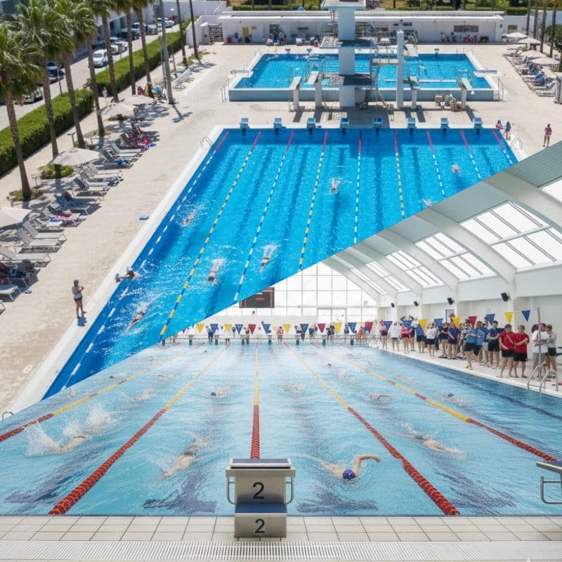 Piscina interior de gimnasio equipada con sistema de parada de emergencia PoolStop para prevención de accidentes.