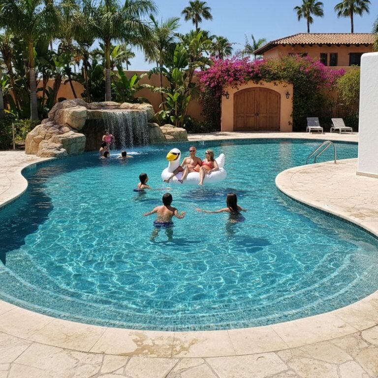 Piscina privada con botón de emergencia en pedestal cableado para máxima seguridad infantil.