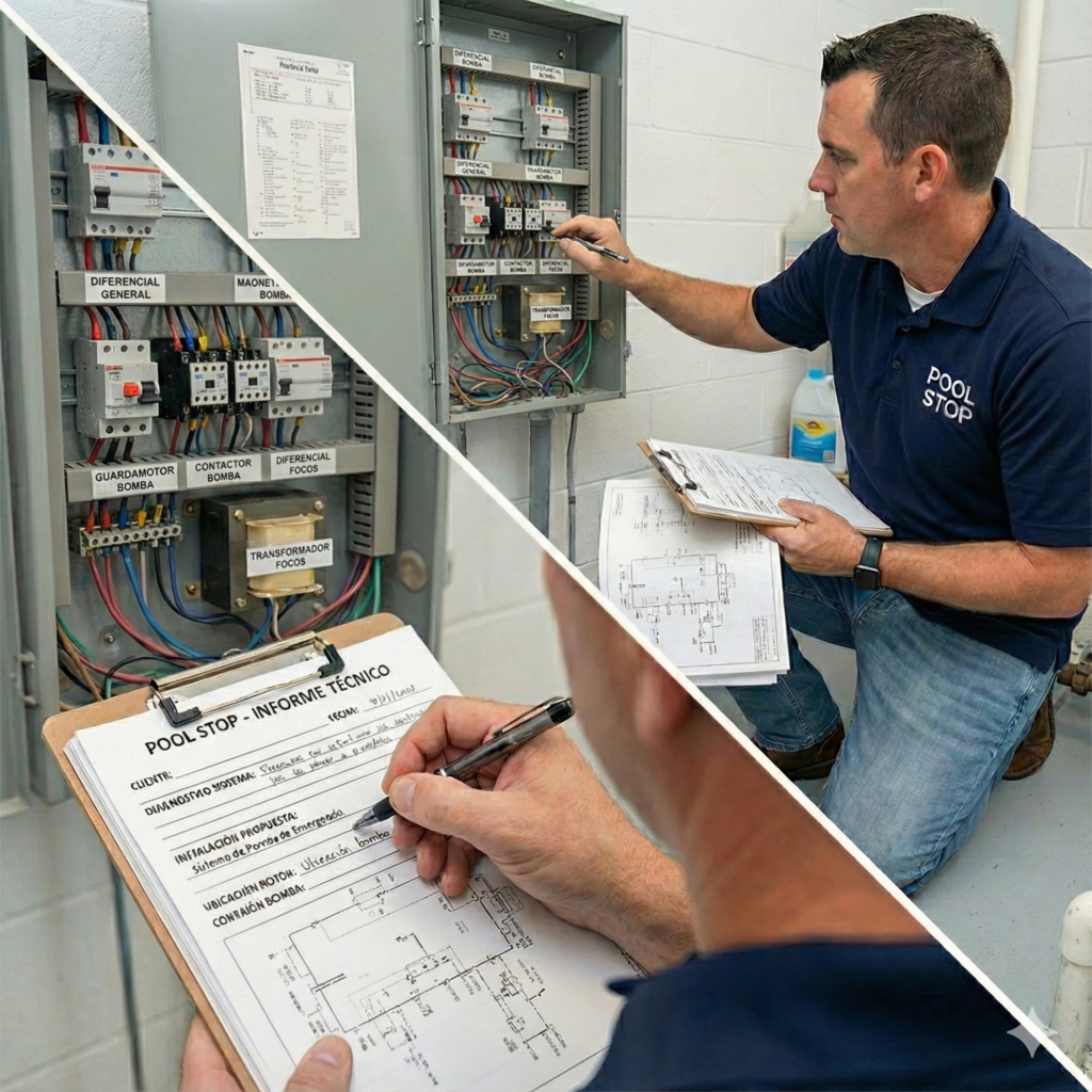 Técnico especializado supervisando la seguridad de una instalación de Poolstop en piscina