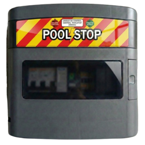 Unidad de Control PoolStop de seguridad a 24V para cumplimiento REBT en piscinas comunitarias.