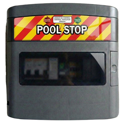 Unidad de Control PoolStop de seguridad a 24V para cumplimiento REBT en piscinas comunitarias.