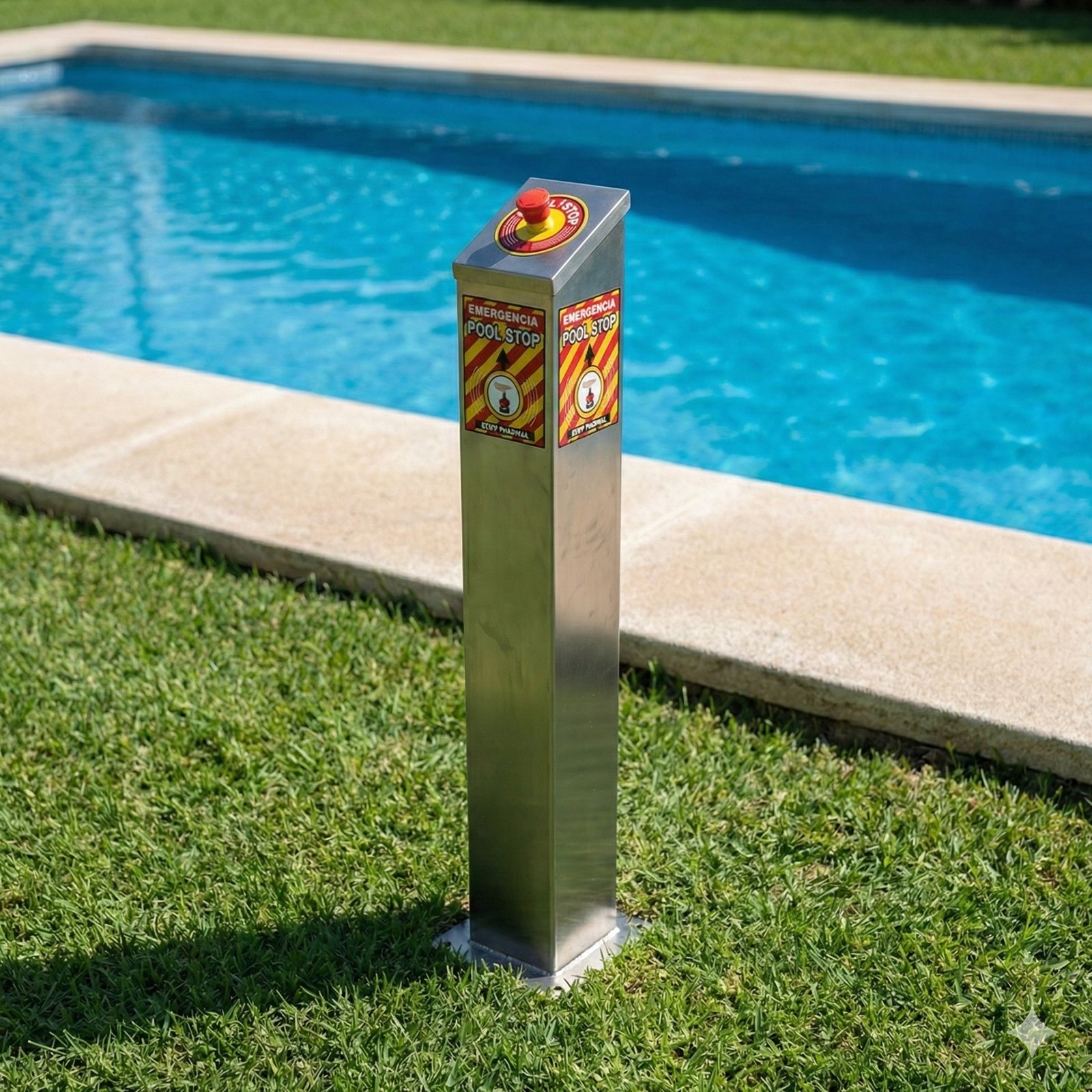 Pedestal de seguridad PoolStop en acero inoxidable para piscinas de resorts y hoteles