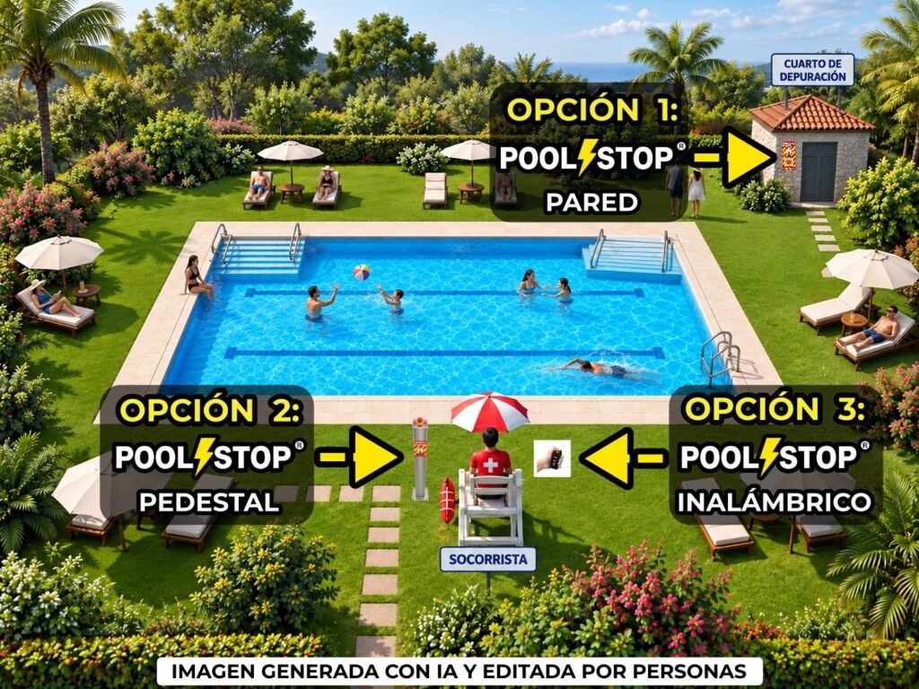 Simulación de piscina grande con botón PoolStop® de parada de emergencia junto al recinto de depuración y botón inalámbrico junto al socorrista